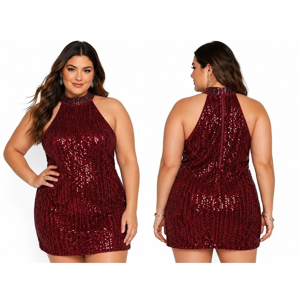 Haute Monde Sequin Dress Women Large Burgundy Red Rhinestone Halter Bodycon Mini
